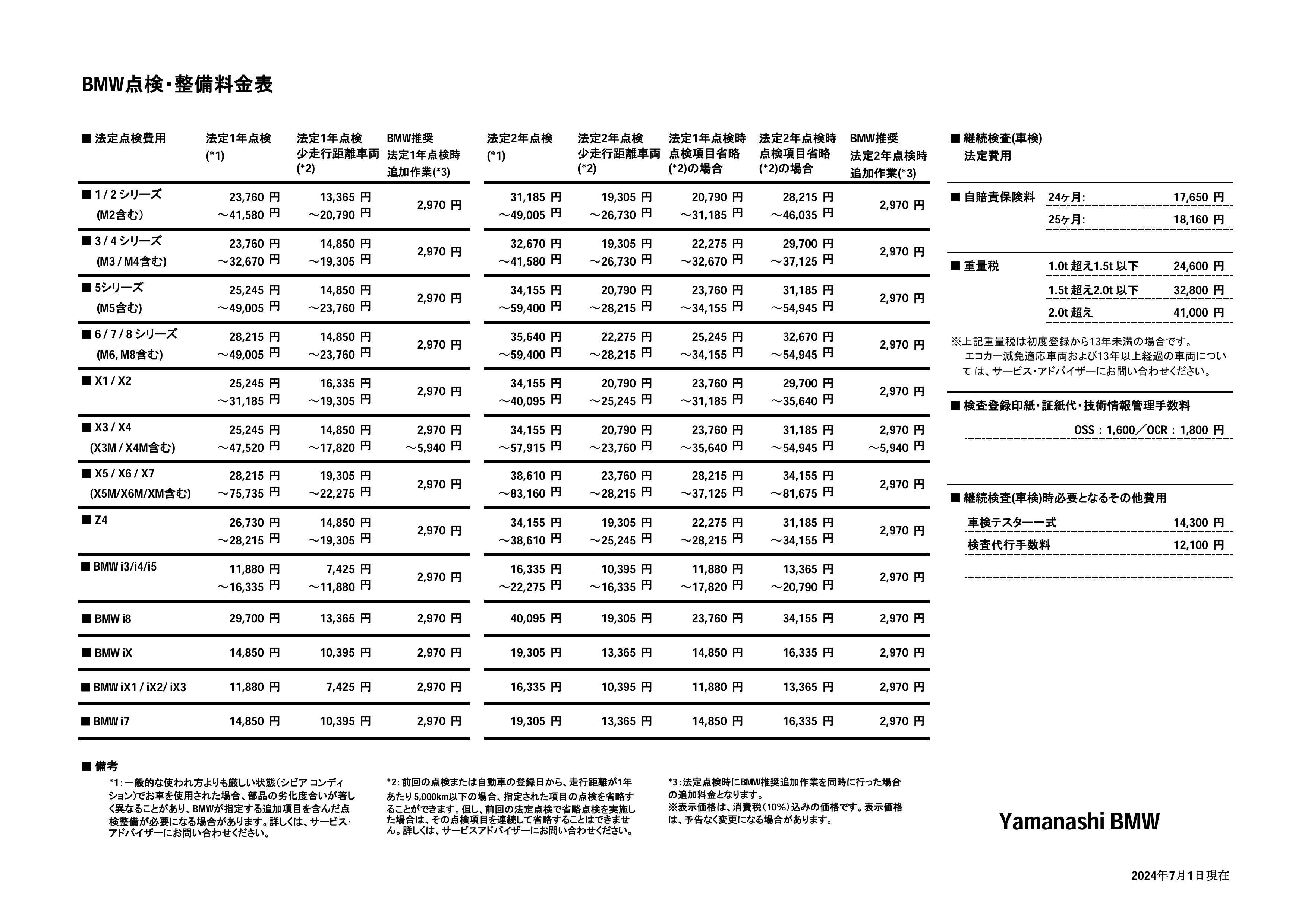 点検整備料金表